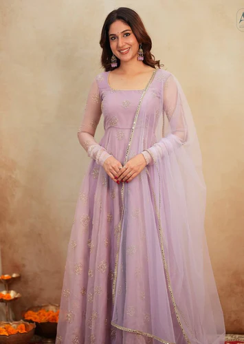 lavender soft organza hand embroidered gown